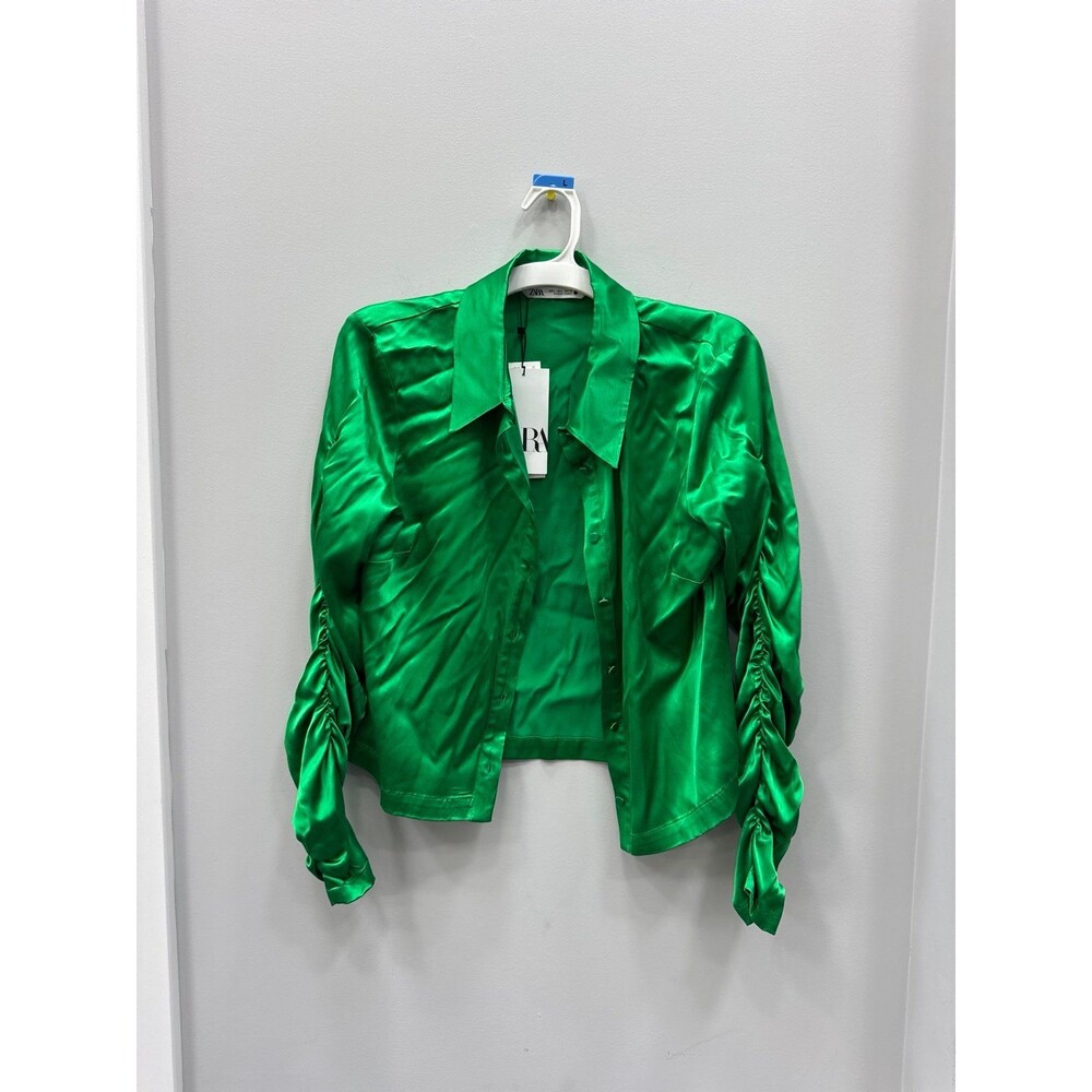 NWT Zara Green Button Down Satin Shirt Large
